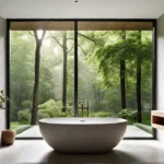 A serene minimalist bathroom with soft gray walls a freestanding stone bathtubfeat