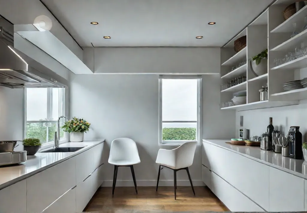 A small bright kitchen with floortoceiling white cabinets open shelving displaying sleekfeat