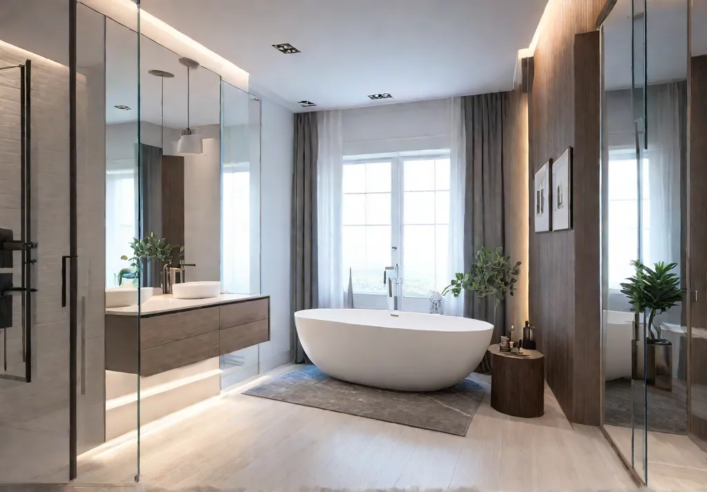 A small chic bathroom with a large mirror reflecting light from afeat