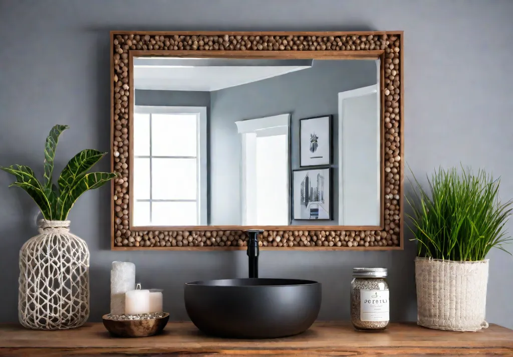 A stylish bathroom featuring a vintage mirror with a decoupaged frame afeat