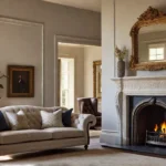 A sundrenched living room featuring a large ornately framed antique mirror abovefeat