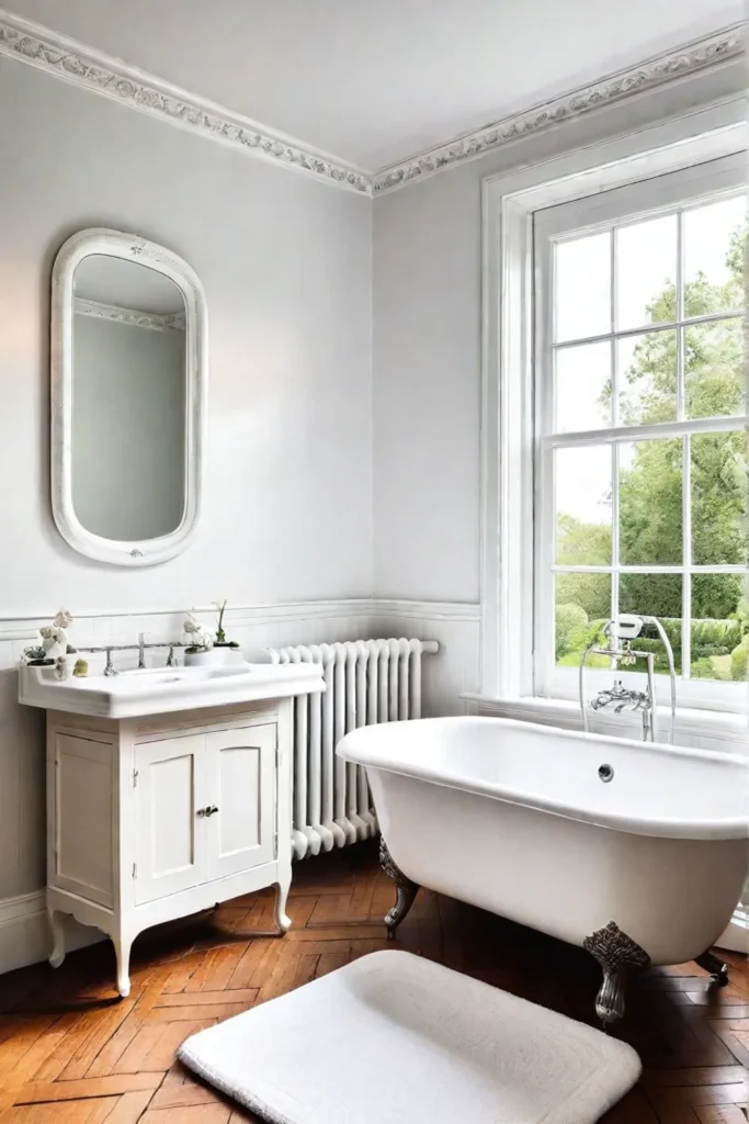 A bright bathroom with a garden view featuring timeless and budgetfriendly fixtures