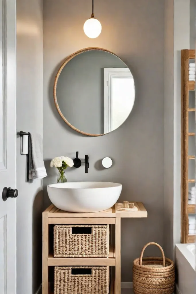 A charming bathroom corner with a whitewashed vanity and woven storage solutions