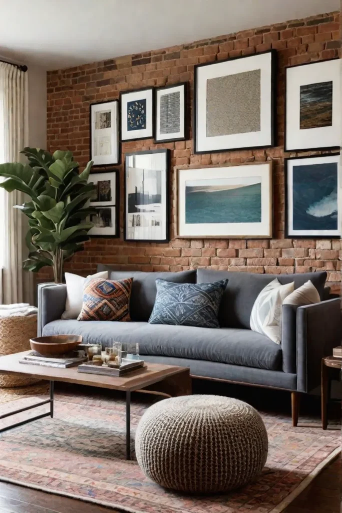 A gallery wall above a sofa in a living room with exposed brick
