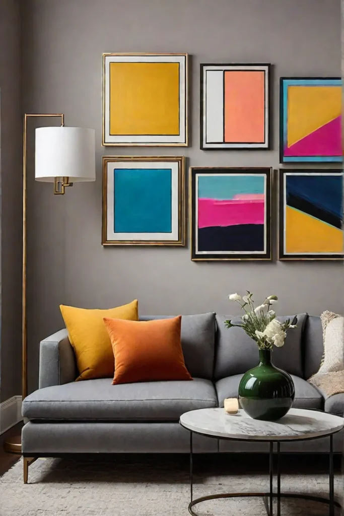 A gallery wall of colorful abstract paintings on canvas in a living room corner