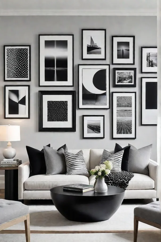 A symmetrical gallery wall with black and white photos and abstract art