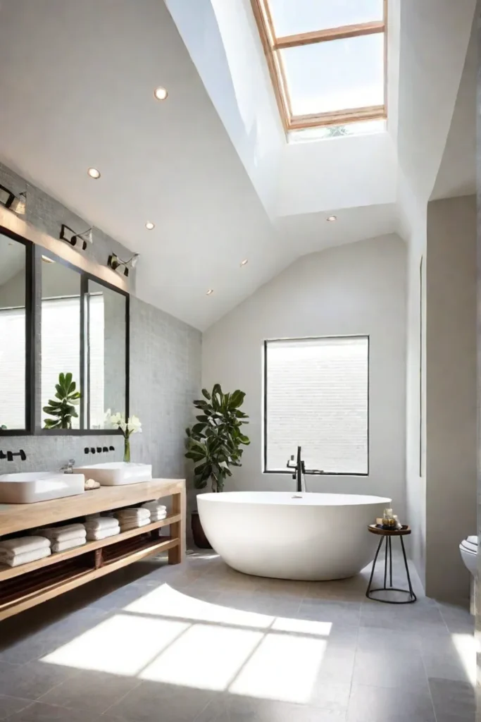 Airy bathroom with freestanding tub and layered lighting