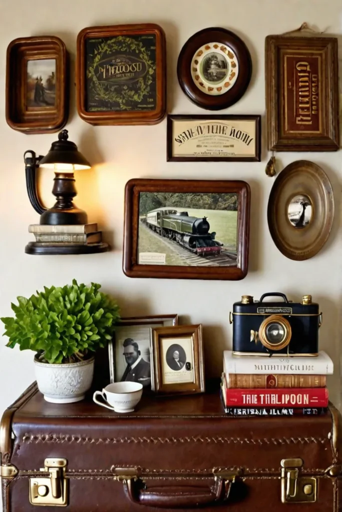 Antique finds and a vintage suitcase create a charming wall display