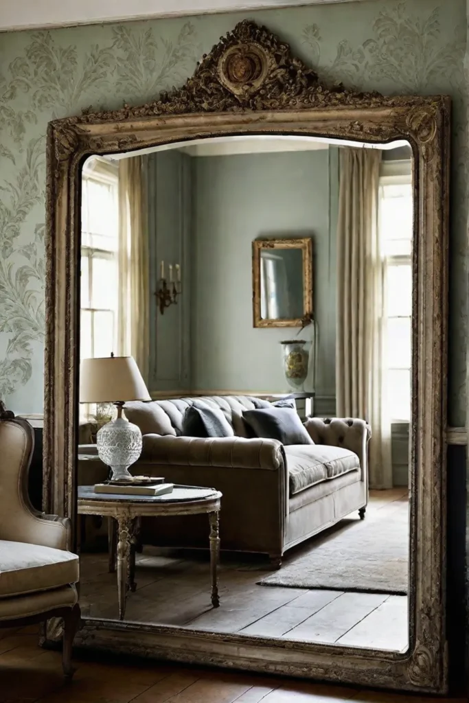 Antique mirror leans against a living room wall reflecting light
