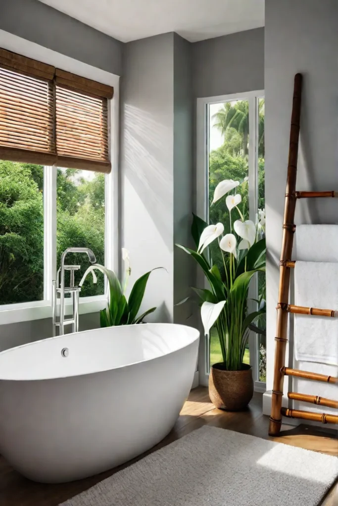 Bathroom with bamboo ladder and peace lily