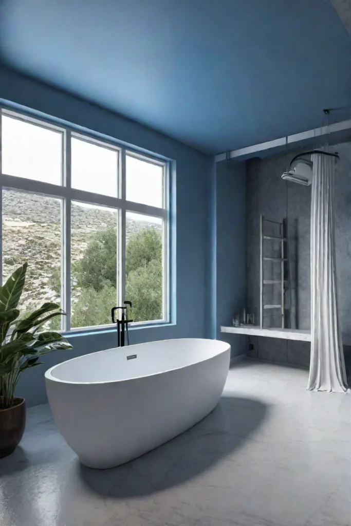 Bathroom with calming blue paint and a relaxing atmosphere