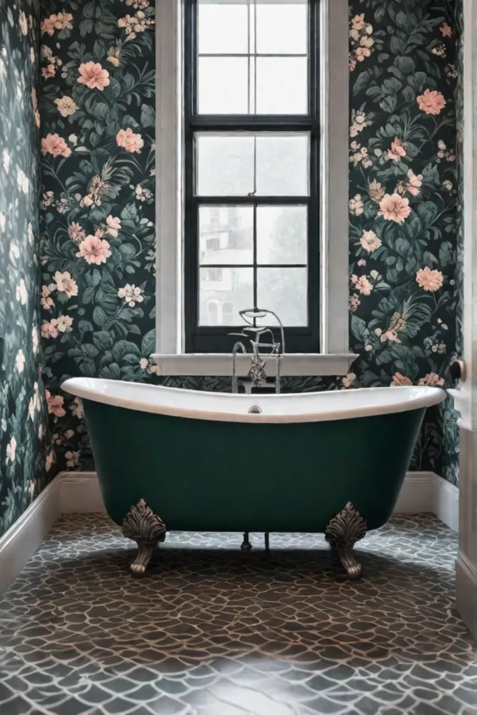 Bathroom with charming wallpaper and classic fixtures