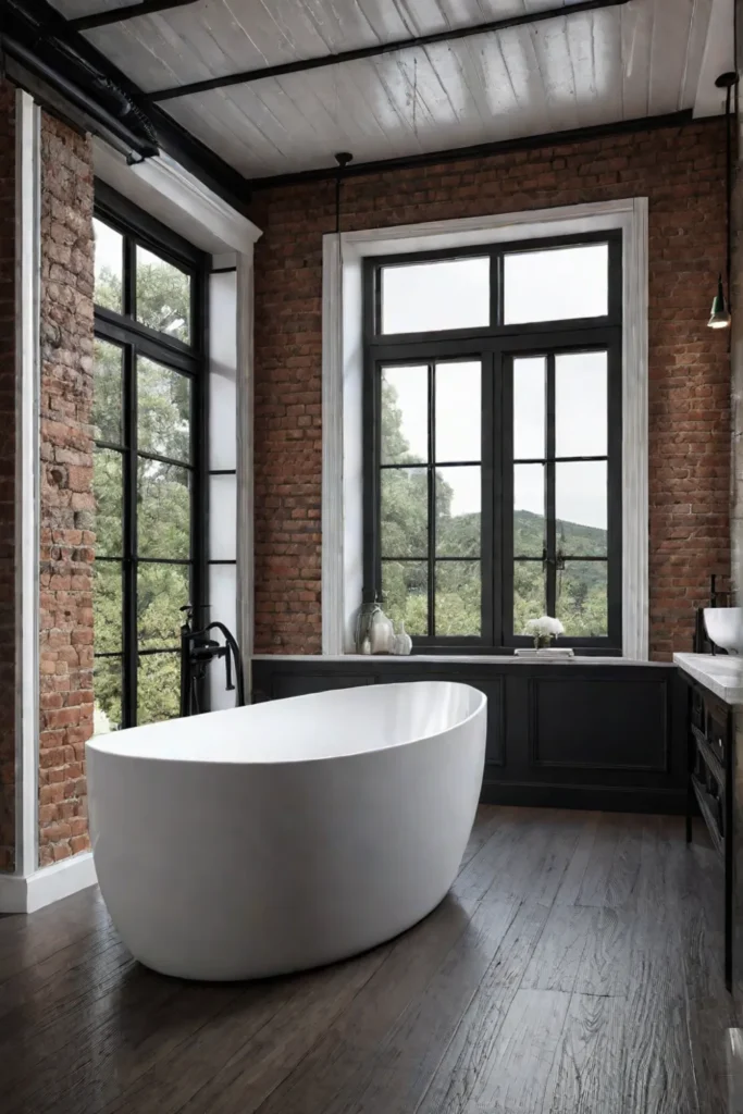 Bathroom with exposed brick and metal accents