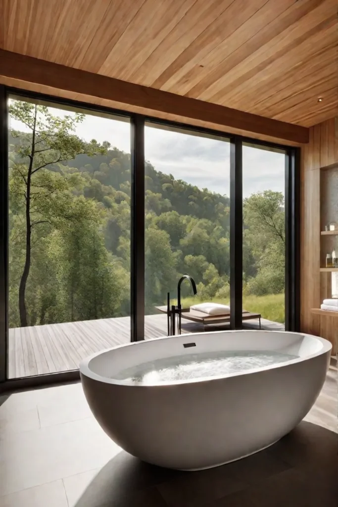Bathroom with freestanding bathtub and nature view