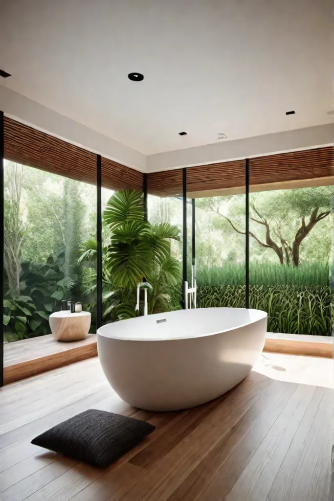 Bathroom with garden view and freestanding bathtub