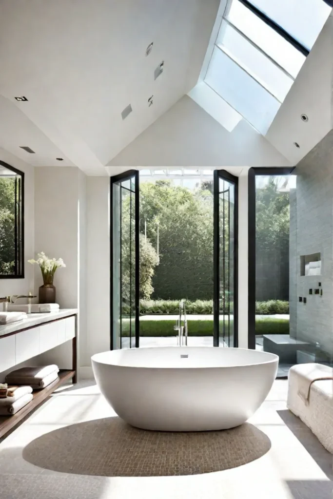 Bathroom with high ceilings and skylight