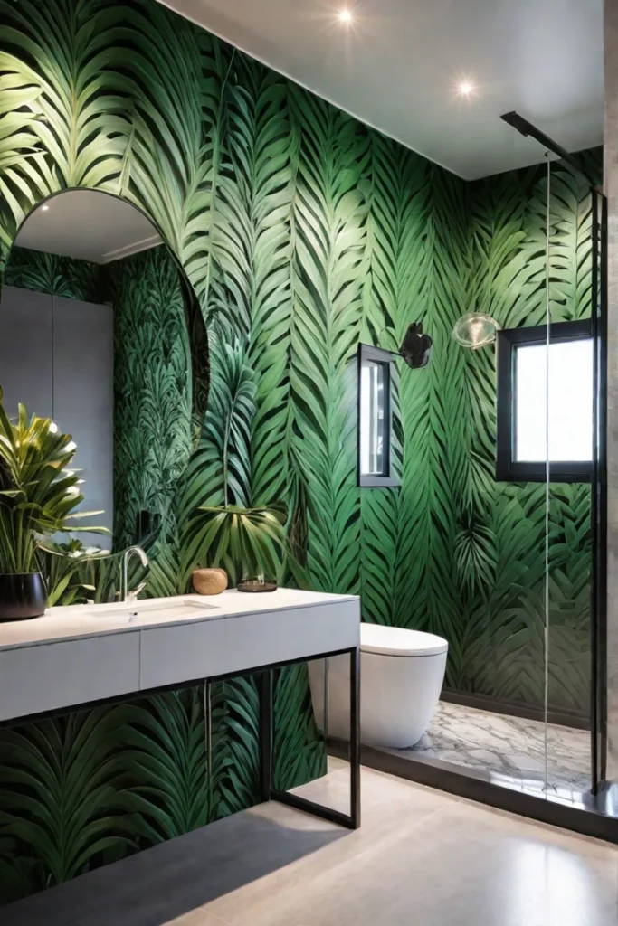 Bathroom with natureinspired wallpaper