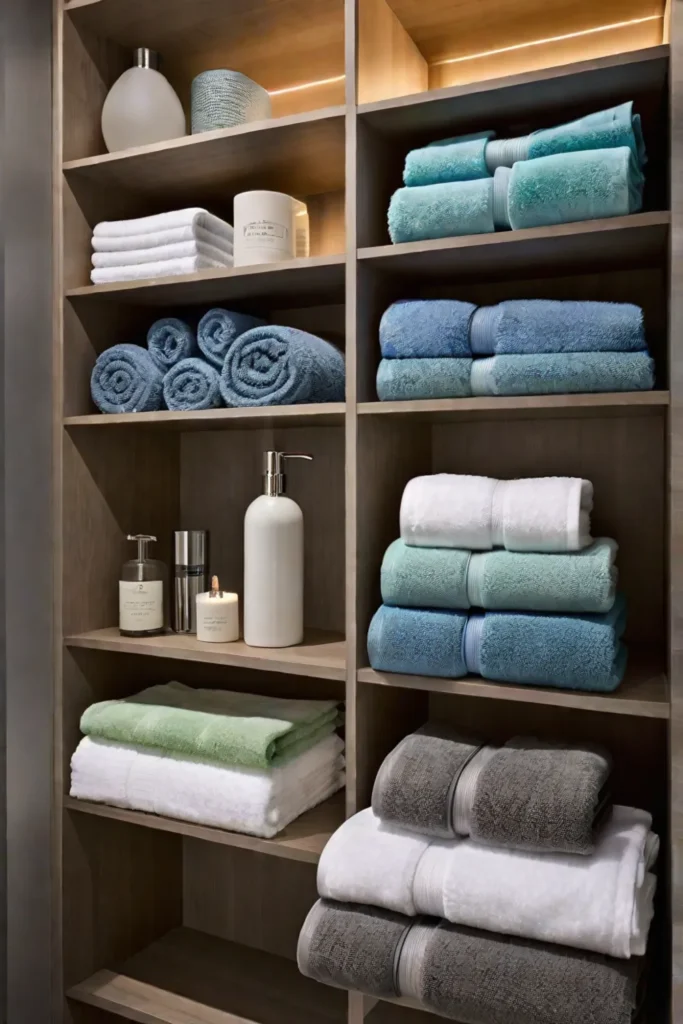 Bathroom with open shelving and organized storage