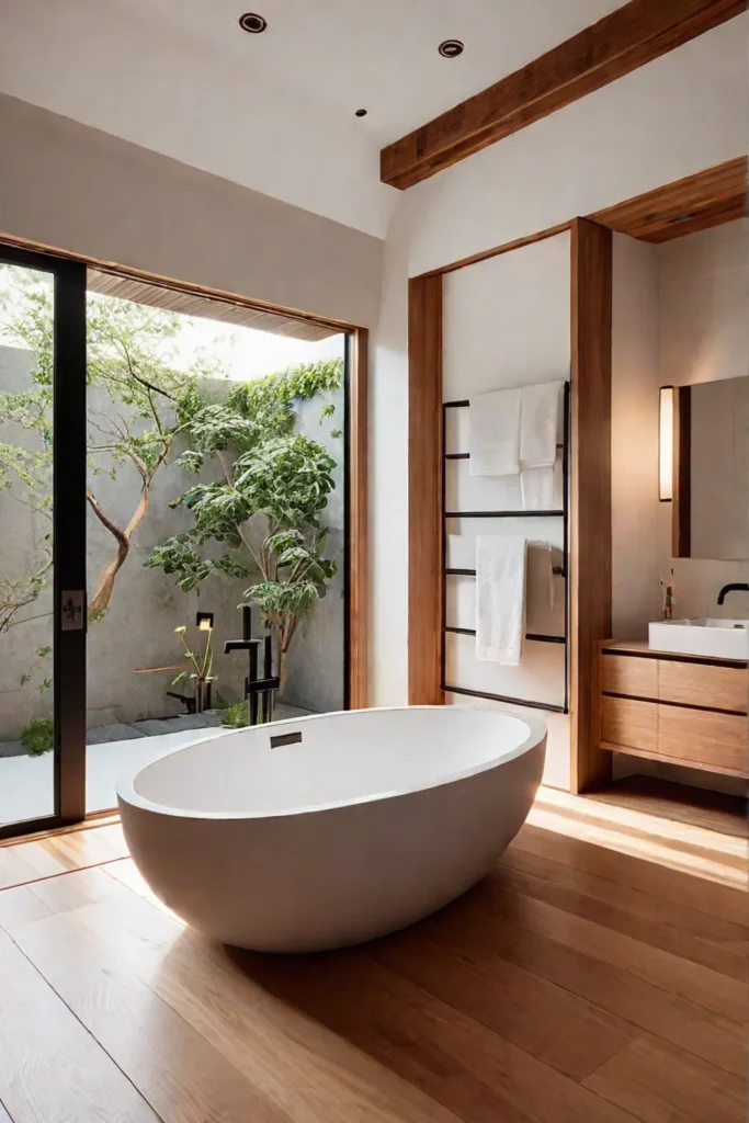 Bathroom with soaking tub and natural wood