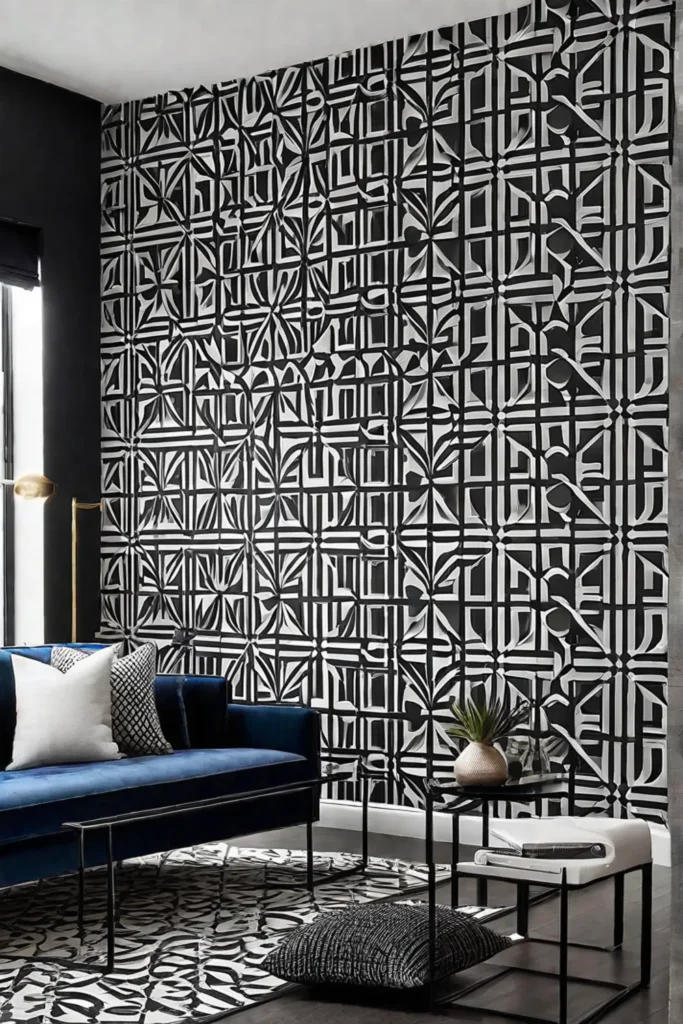 Black and white wallpaper adds a stylish touch to a living room