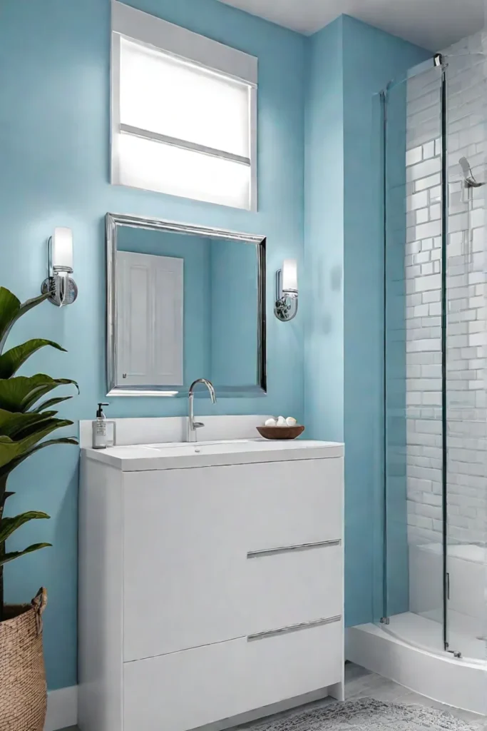 Blue bathroom with light backsplash