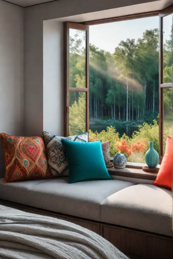 Bohemian bedroom with colorful window seat