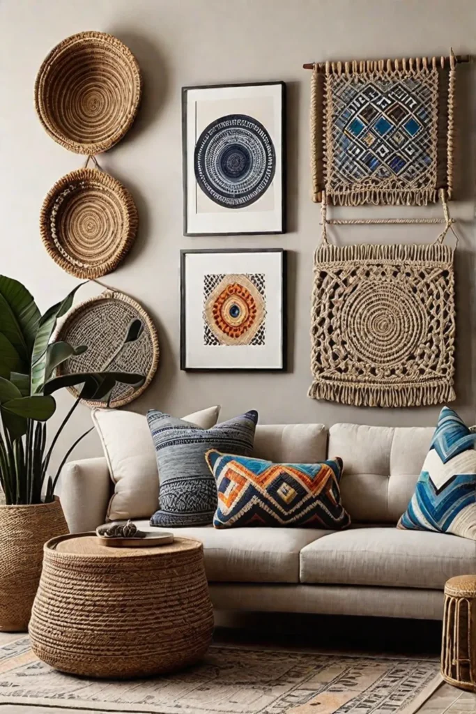 Bohemian gallery wall with macrame and colorful abstract paintings