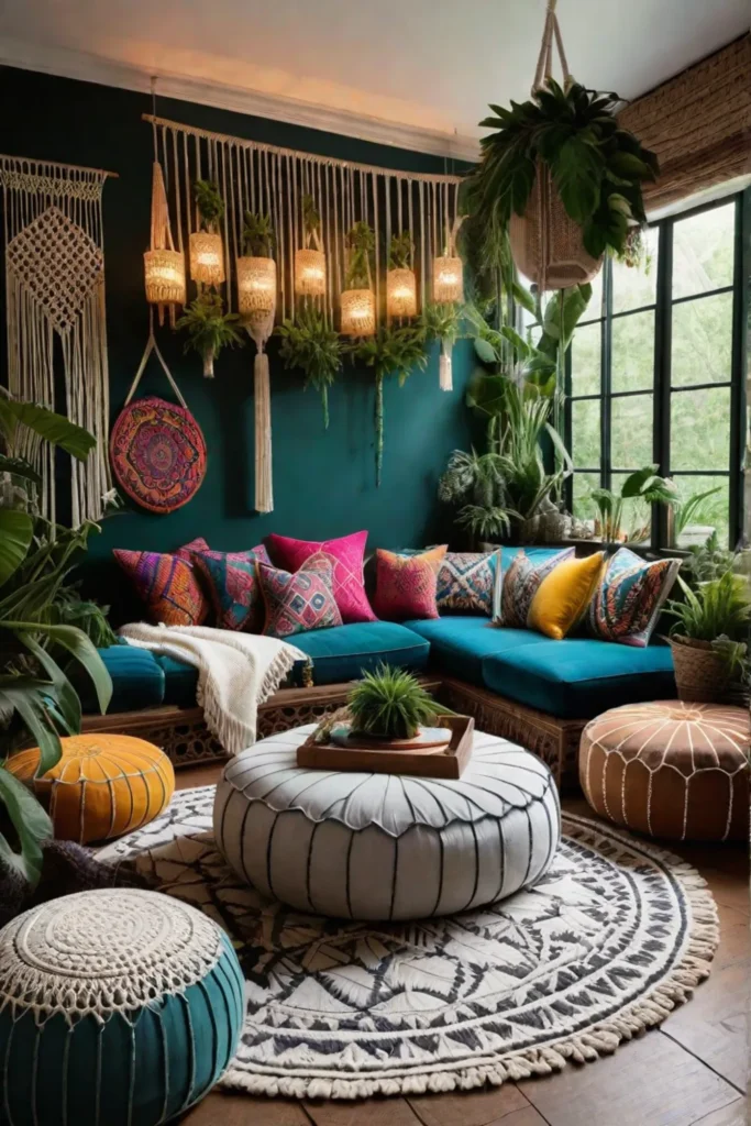 Bohemian living room with macrame wall hanging and vibrant colors
