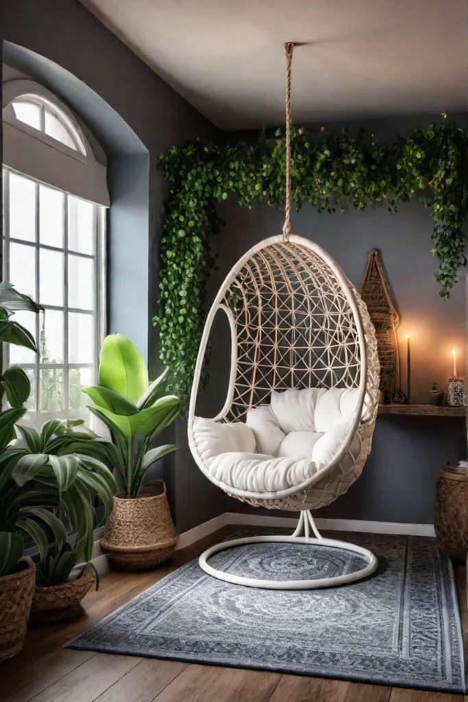 Boho reading nook with hanging chair