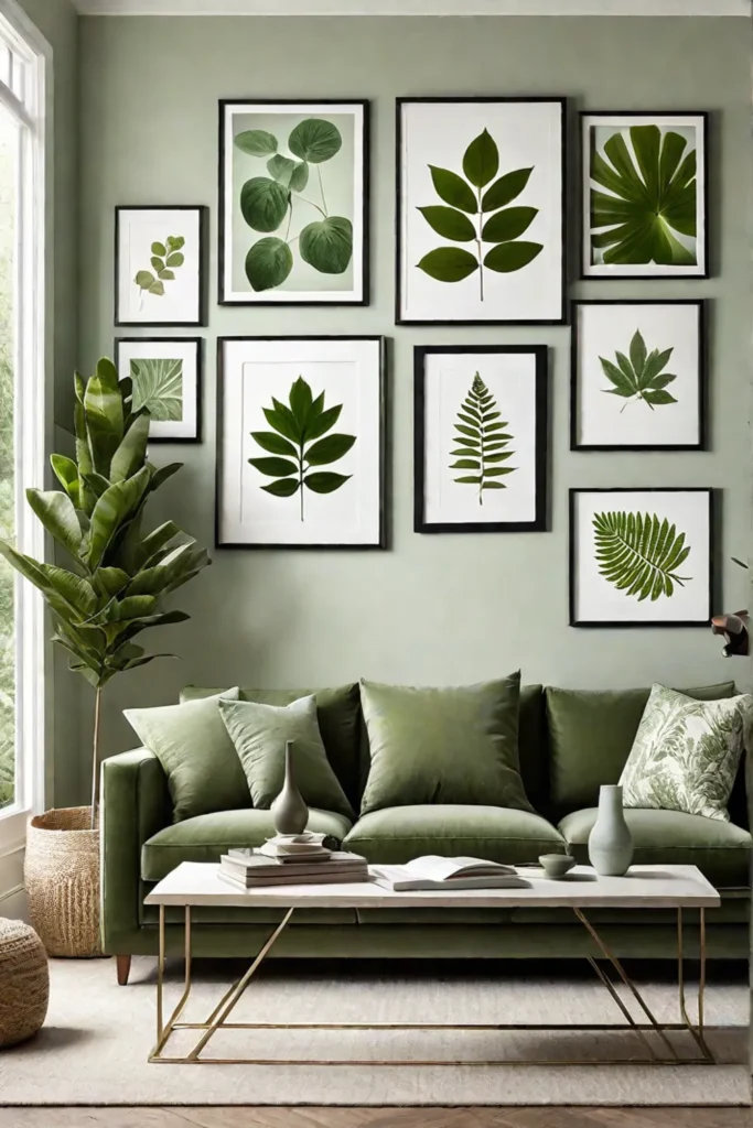 Botanical prints and pressed leaves create a natureinspired wall display
