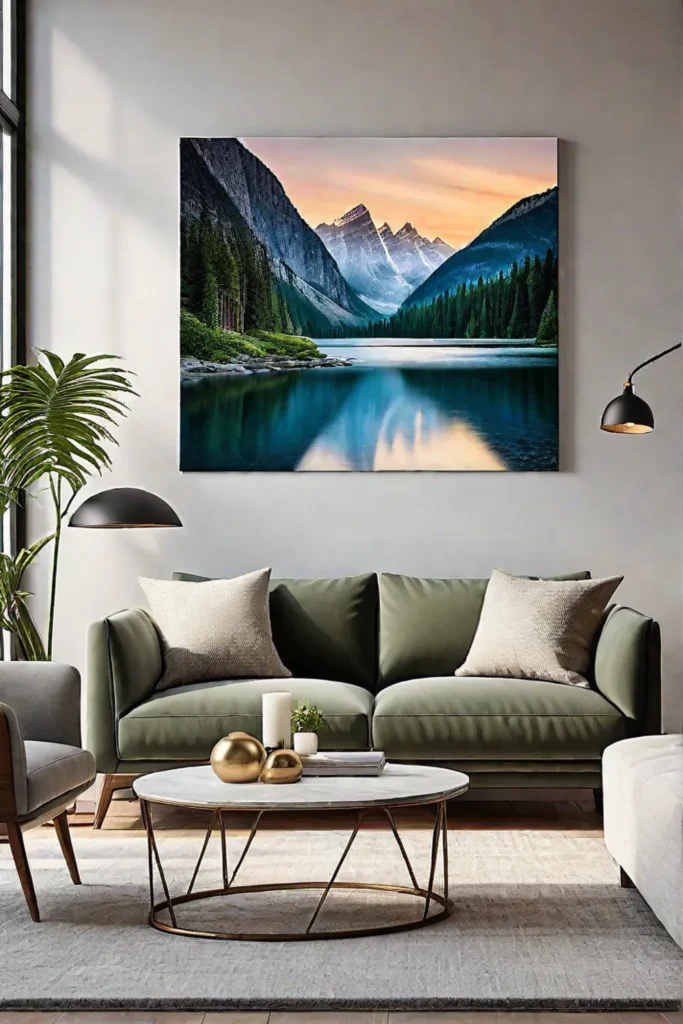 Canvas landscape painting adds a tranquil touch to a living room