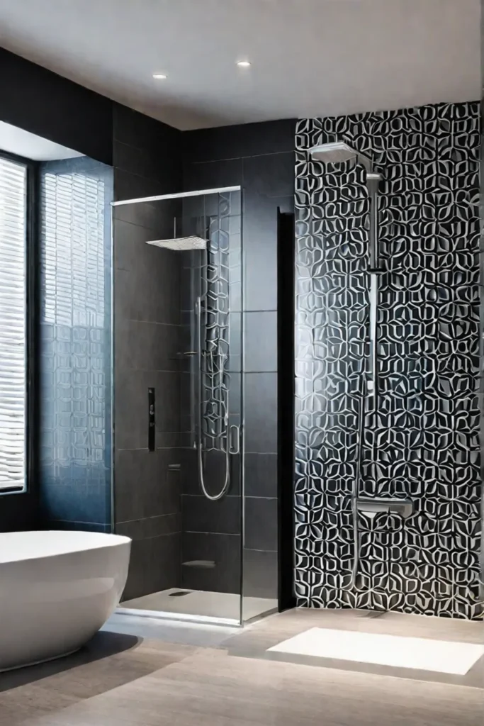 Chic bathroom design with patterned wallpaper