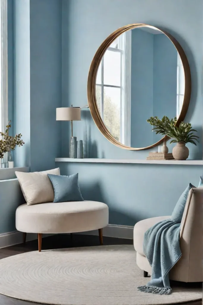 Circular mirror enhancing space in living room