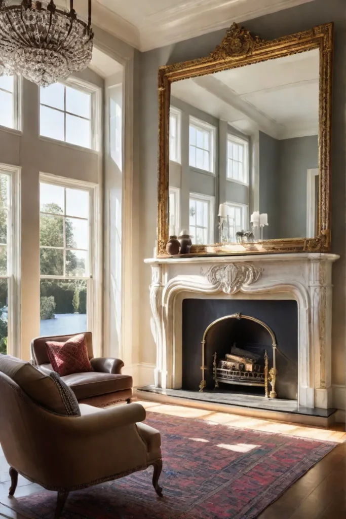 Classic fireplace with a large mirror above it