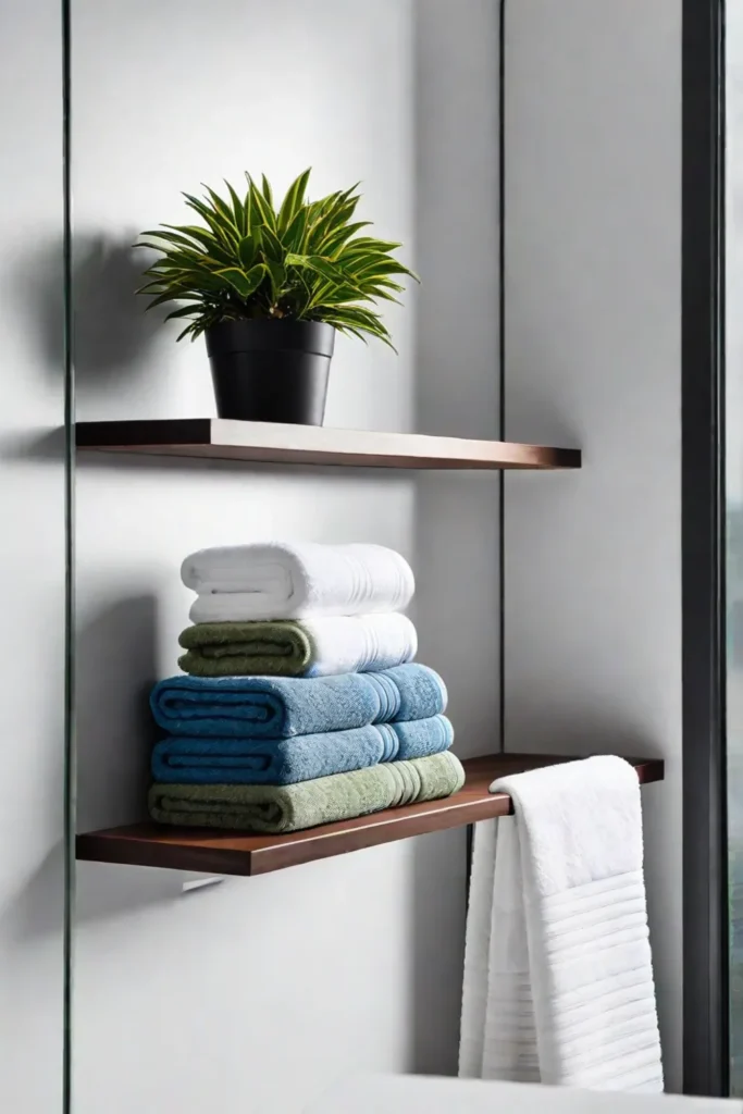 Closeup of a minimalist bathroom shelf with towels and a plant