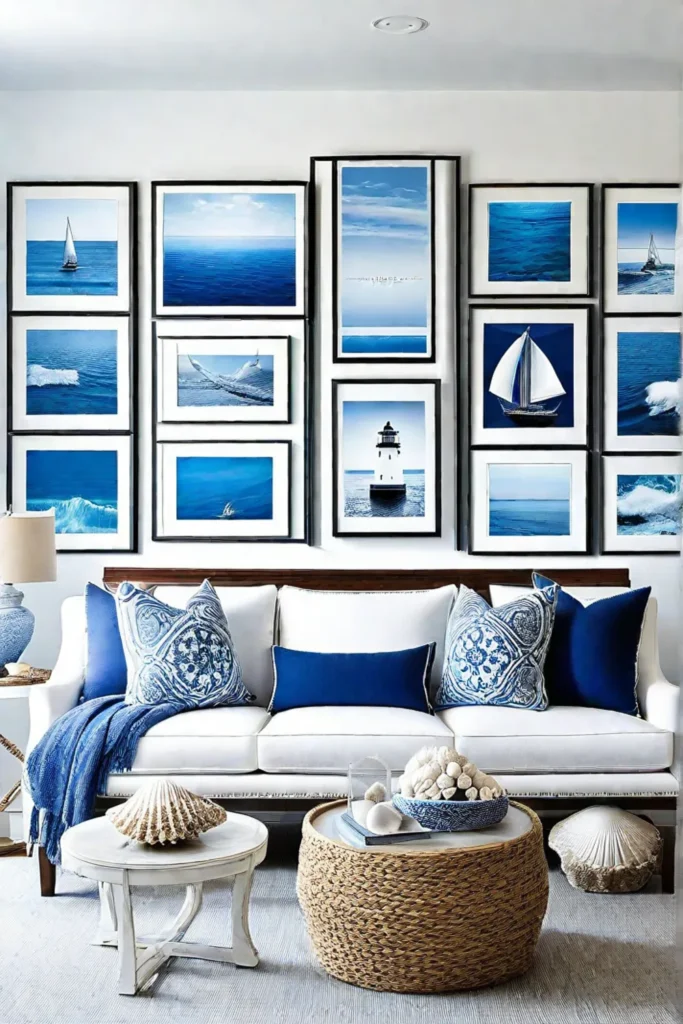 Coastal gallery wall with seashells and ocean landscape paintings