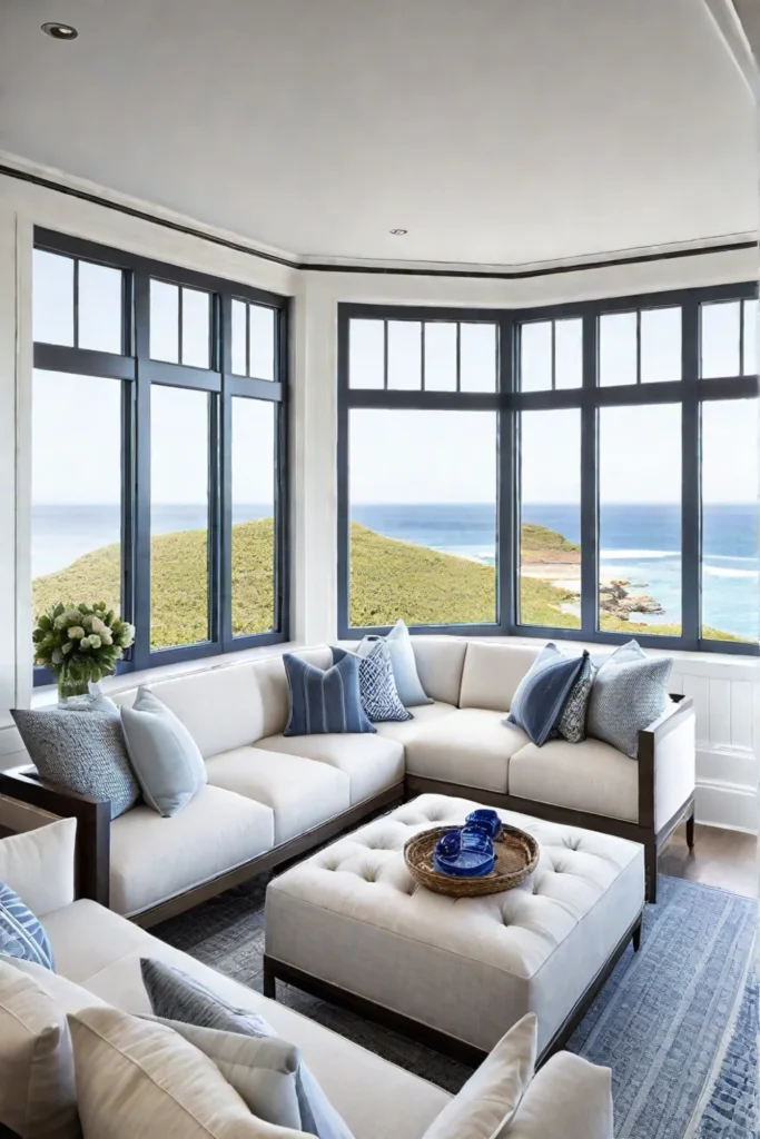 Coastal living room with ocean view window seat