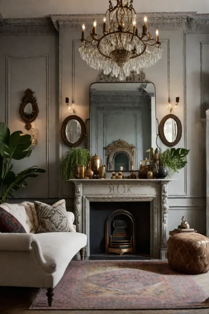 Collection of mismatched mirrors in a bohemian living room