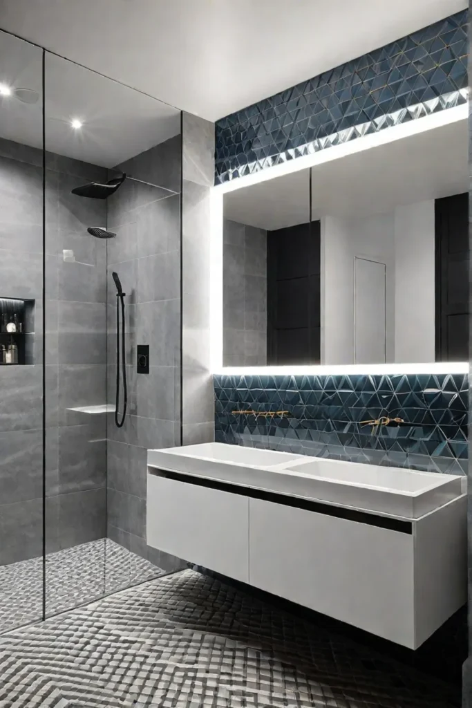 Contemporary bathroom with geometric tiles and smart mirrors