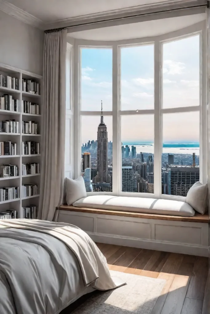 Contemporary bedroom with bay window reading nook