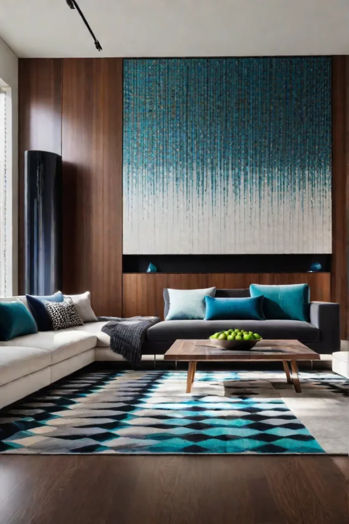 Contemporary living room with geometric rug and wood accent wall