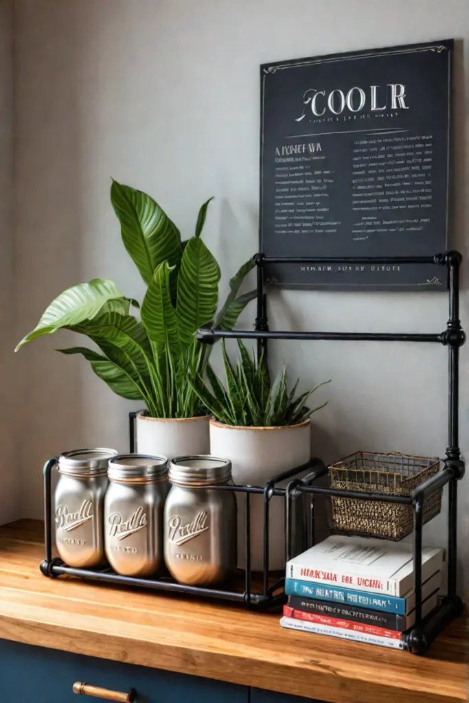 Cozy kitchen with repurposed mason jars and a vintage magazine rack