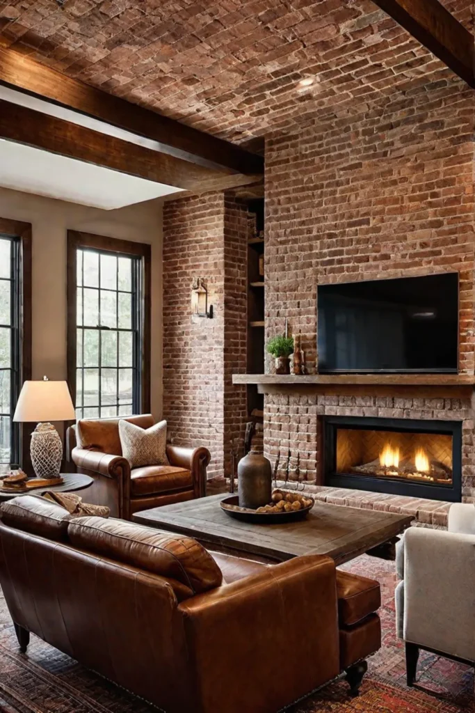 Cozy living room with exposed brick fireplace and wooden mantel