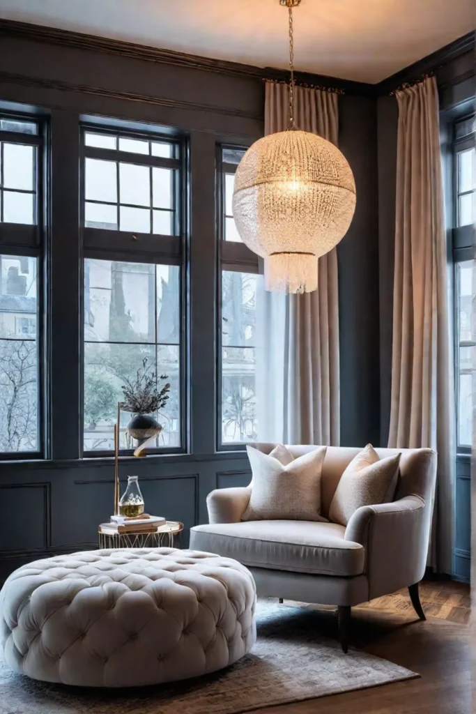 Cozy reading corner with string lights