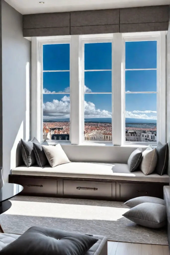 Cozy window seat with bookshelves and a comfy reading spot