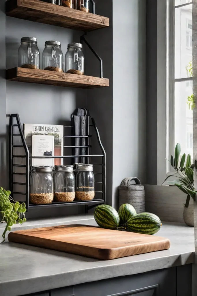 Creative storage solutions using everyday items in a rustic kitchen