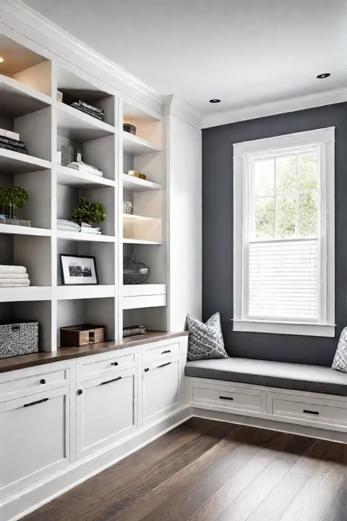 Customdesigned window seat with drawers and shelves