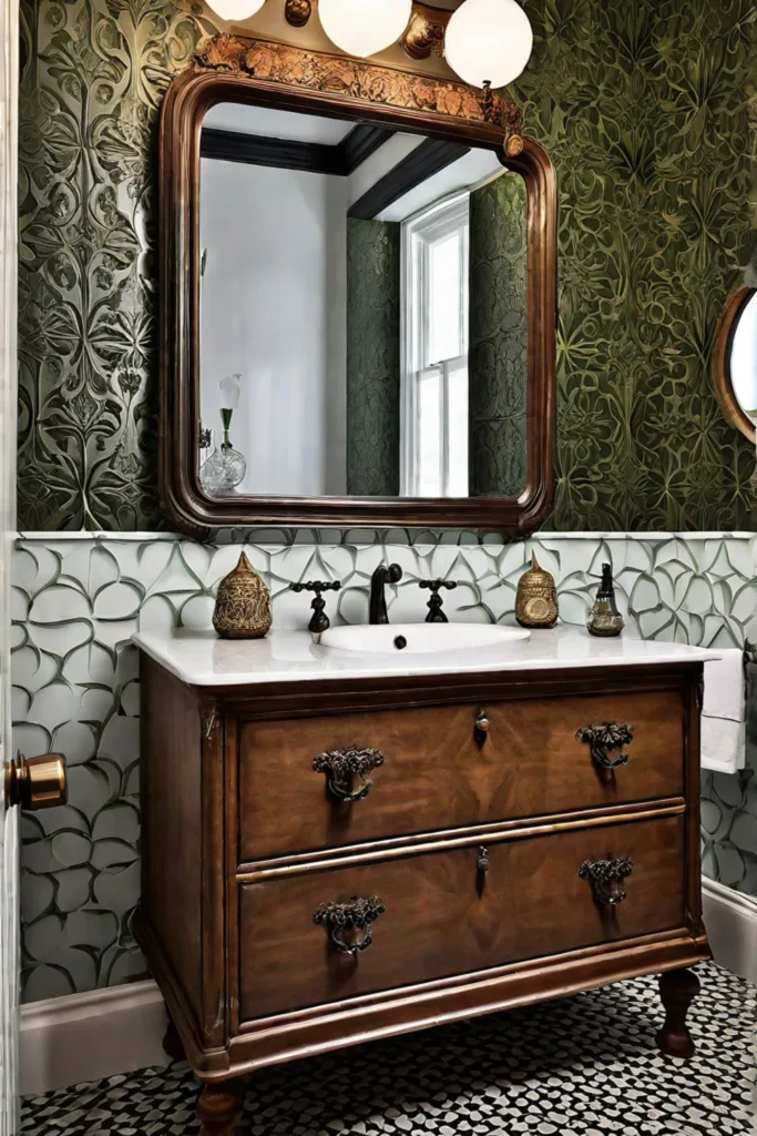 Eclectic bathroom with a repurposed dresser vanity and vintageinspired details