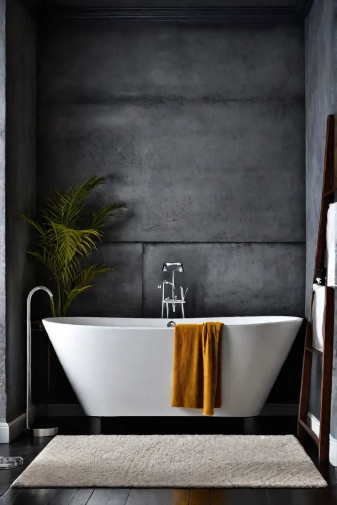 Eclectic bathroom with textured concrete wall