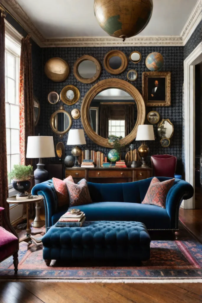 Eclectic living room with antique mirrors and a velvet chaise lounge